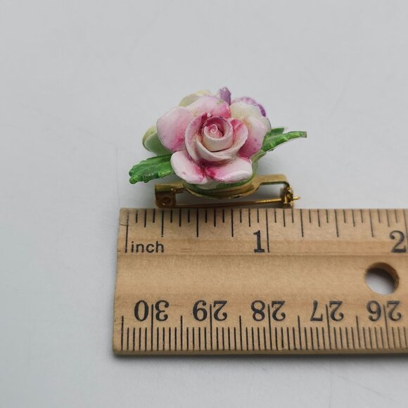 Vintage Pink Green Porcelain Rose Brooch Handcrafted In England - Picture 6 of 6